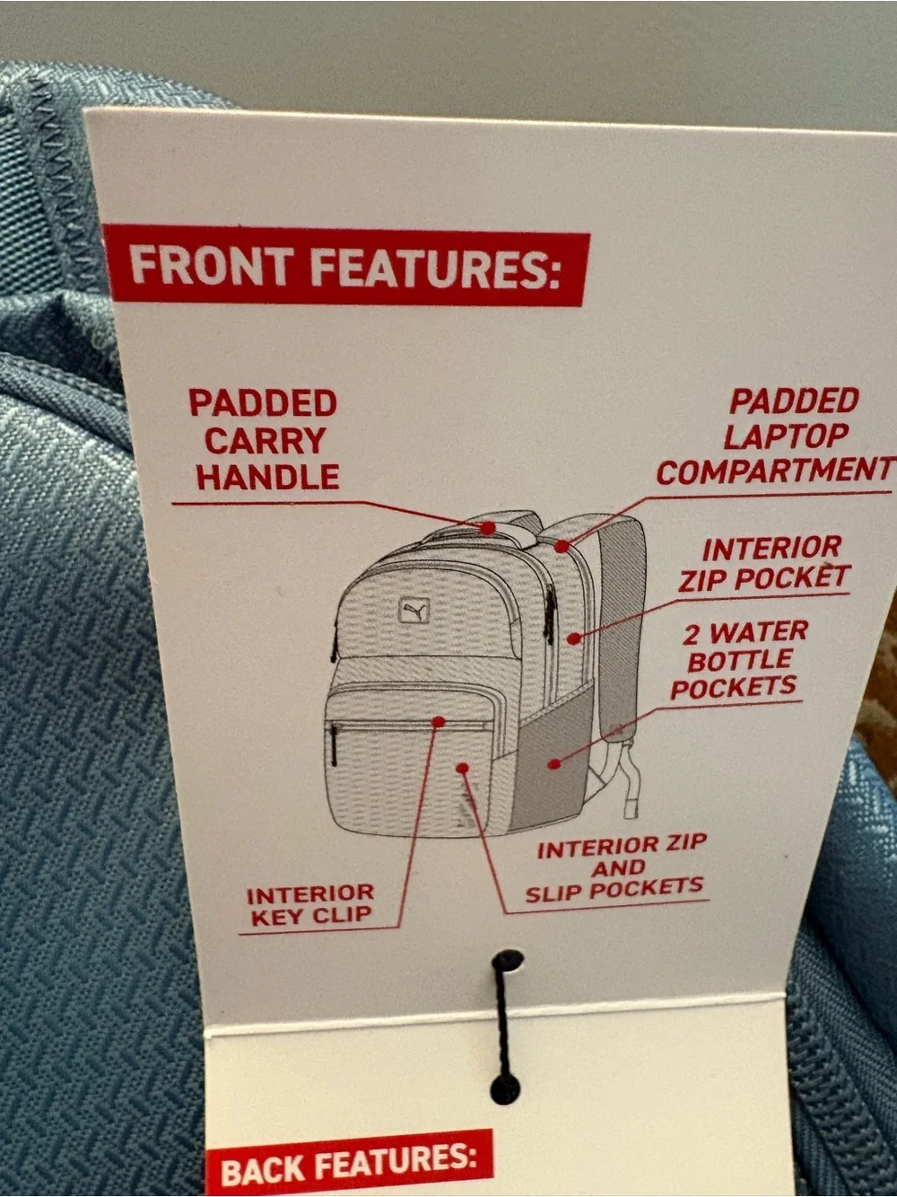 Puma Light Blue Performance Backpack with Front Pouch